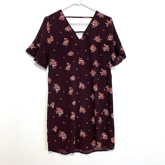 MAURICES Floral Bar Back Shift Dress Plum Purple Multi Short Sleeve Mini Fall S - Picture 2 of 13